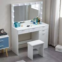 Ensemble de meubles de salon blancs écologiques modernes avec miroir LED, coiffeuse à 4 tiroirs, tabouret de dressing et armoire de rangement pour hôtels