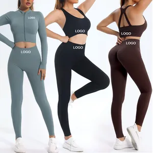 Logotipo personalizado Conjunto de 6 piezas Conjunto de yoga para las mujeres Deportes Fitness Activewear Gimnasio sin costuras acanalado Active Wear Yoga Set