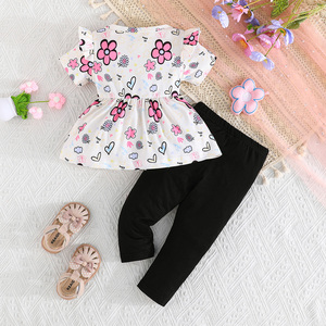 ชุดเซ็ตสองชิ้นสำหรับเด็กผู้หญิง ดีไซน์สวยเก๋ สไตล์ลำลองสำหรับฤดูร้อน ลายดอกไม้ พิมพ์ลายบนเสื้อและชุดเดรสสายเดี่ยว สำหรับเด็กอายุ 6 เดือน - 3 ปี - Product Image 2