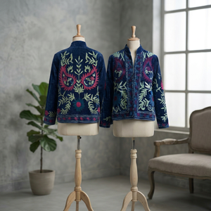 Blouson Bomber Élégant en Velours Brodé pour Femme, Col Montant, Motifs Floraux Faits Main, Style Ethnique Bohème, Séchage Rapide, Manches Longues, Coupe Standard - Product Image 1