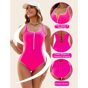 Traje de baño de una pieza para mujer con control de abdomen, diseño de bloques de color, cuello cuadrado y cremallera frontal - Product Image 3