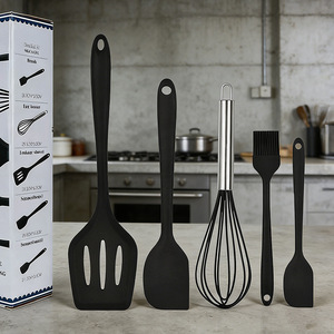 Silicone Kitchen Utensil Set 5 Piece Black Heat Resistant Spatula Whisk Brush Cooking Tools - Product Image 2
