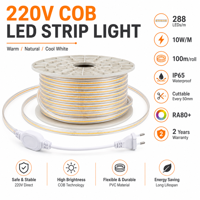 220V COB LED Strip Light 328ft/100m 288 LEDs/m 10W/m IP65 Waterproof High Brightness Flexible Rope Light for Indoor Outdoor