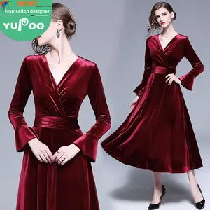 Simple fashion V neck long trumpet sleeves zippered velvet wine red slim flounced women sexy gown wholesale evening dresses