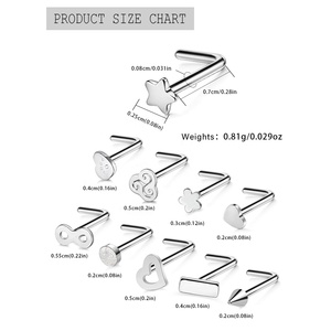 Clous de nez en acier chirurgical 316L en forme de <span class=keywords><strong>L</strong></span>, bijoux de <span class=keywords><strong>piercing</strong></span> multi-styles géométriques (cœur, étoile, infini, rectangle) - Product Image 3