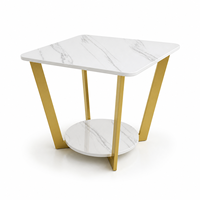 Table d'appoint carrée en dalle de roche blanche, directement de l'usine, avec cadre en fer doré incliné et étagère inférieure pour salon, hôtel, OEM, ODM