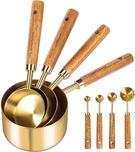 Premium Stainless Steel Golden Measuring Cups and Spoons Set of 8 with Wood Handle and Metric and US Measurements