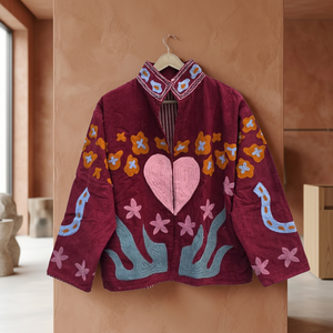 Chaqueta de pana bordada a mano con cuello mandarín, estampado floral, manga larga, estilo Prairie Chic para mujer, venta al por mayor - Product Image 3