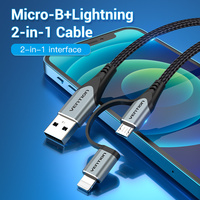 Cable Cargador USB 2 en 1 Vention, USB 2.0 a Micro-B y Cable en L, Aleación de Aluminio