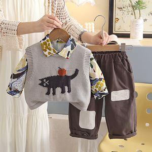 Completo Autunnale per Bambini con Motivo Gatto, Gilet in Maglia, Camicia Stampata e <span class=keywords><strong>Pantaloni</strong></span> con Patch per Ragazzi e Ragazze - Product Image 2
