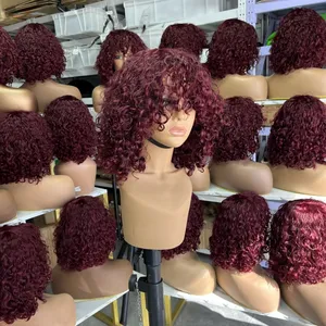 Goodluck 99j Highlight Water Wave Machine Made Curly Human Hair Bob Pruiken Non-Lace Menselijk Haar Pruik Kort Haar Bob Pruiken Met Pony
