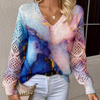 Pull en maille respirant 100 % polyester à imprimé marbré pour femme, col en V, manches longues, maille ajourée, toutes saisons, décontracté, numérique