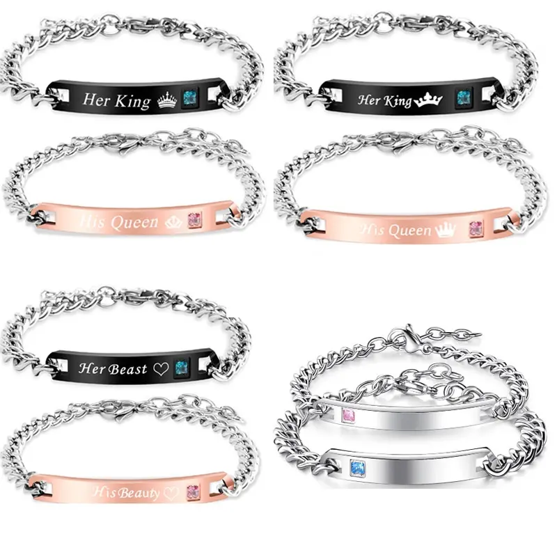 Seu Rei Sua Rainha Sua Beleza Sua Besta carta Bar Casal Pulseiras Crown Crystal Bangle Bracelet