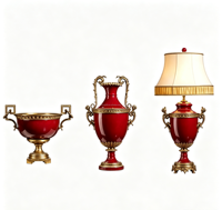 Vase à fleurs en céramique rouge à large ouverture, deux poignées en cuivre, base sur piédestal, vase vintage néoclassique pour fleurs fraîches, séchées ou artificielles