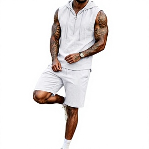 Men's Olive Green Sleeveless Hooded Tank Top Set Knitted Cotton Solid Digital Printed Casual Breathable Summer Wear - Product Image 6
