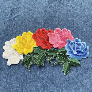 Hot Sale Computerized Machine Embroidery Iron On Heat Seal Adhesive Embroidered Flower Patches Pink Rose Patch Embroidery