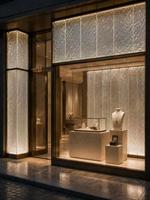 Façade en verre décorative encadrée de profilés en acier inoxydable sur mesure pour devanture de magasin de luxe