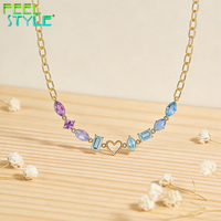 Nouveau Collier de Clavicule en Acier Inoxydable 316 PVD Or Épais Couleur Permanente avec Perles de Zircon Gemme Bleu Pâle et Violet