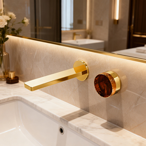 Grifo de lavabo de pared, 7009, perilla de cristal, cromo/negro mate/níquel cepillado/oro cepillado, monomando oculto - Product Image 1