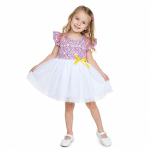 Robe de princesse rose à imprimé arc-en-ciel pour filles, best-seller, avec manches volantées en tulle et nœud jaune pour fête d'anniversaire - Product Image 3