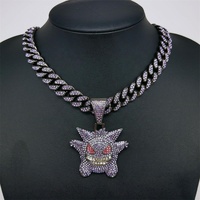 Collar con colgante de Gengar divertido, estilo hip hop, con cadena cubana grande de aleación de zinc y diamantes de imitación.