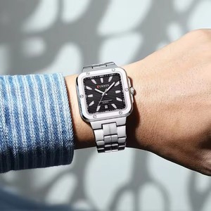 Montre à quartz pour homme en acier inoxydable et alliage, cadran carré, étanche 3 ATM, sport, mode, affaires, calendrier, aiguilles lumineuses - Product Image 4