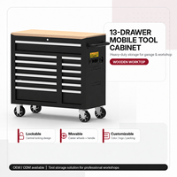 Chariot à outils mobile robuste moderne de 40 pouces avec 13 tiroirs, serrure à clé OEM, capacité de charge de 600 kg, dessus en bois massif