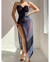 Robe nuisette sexy en maille transparente pour femme, haut corset, fente haute, grande taille, ensemble de lingerie, vêtements de nuit, pour soirée, vente en gros, personnalisé, OEM