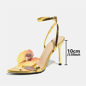 Nouvelles Sandales Dorées Métalliques pour Femme à Talons Aiguilles, Ornées de Fleurs d'Orchidée 3D, Bout Pointu, Bride Cheville, Chaussures de Soirée Estivales - Product Image 4