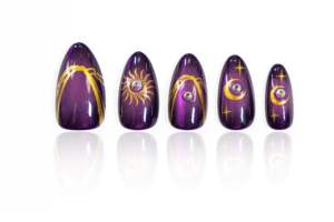 Uñas Postizas de Longitud Media con Forma de Almendra, 24 Piezas, Color Marrón Oscuro, Material ABS, Línea Dorada, Diseño de Arte de Uñas Personalizado con Sol y Luna Celestial - Product Image 6