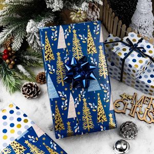 Reversible Christmas <b>Wrapping</b> <b>Paper</b> Blue Navy Tree Polka Dot Design 46.8 Sq Ft Roll Gift Craft Packaging - Product Image 6