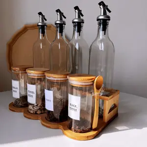 De vidrio y de bambú despensa 4 piezas 500ml botella de vinagre de aceite y 4 300ml 10 ml de vidrio oz tarro de especias con cuchara de bambú de spice Rack