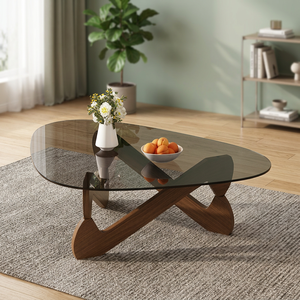 Table basse ovale moderne avec plateau en verre trempé, base en bois, design mid-century, meubles de salon - Product Image 4