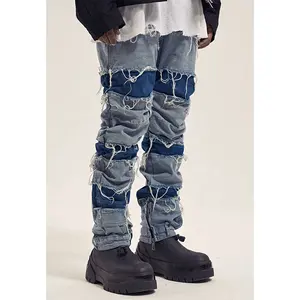 OEM FOG Private Blue Merek Fashion Pengiriman Drop Stock Ripped Patch Jeans Pria