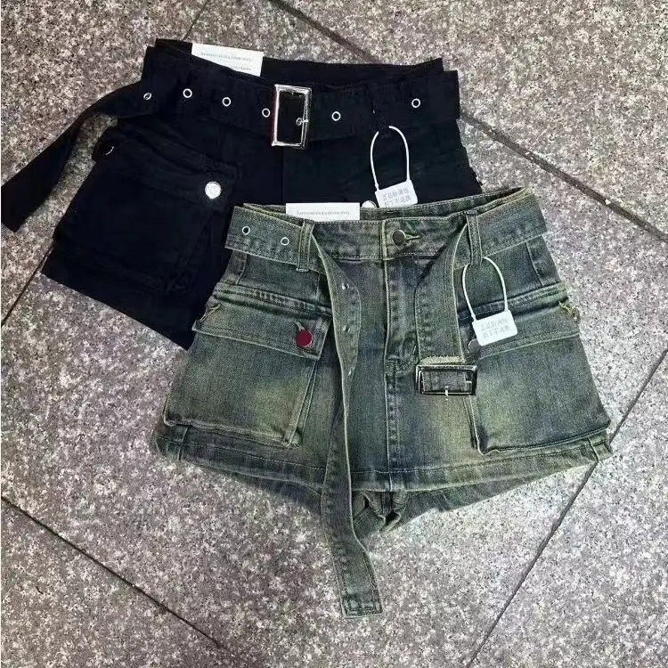 Vintage Women's Denim Shorts Hight Waisted Casual Jeans Cargo Black Hot Short Pants With Belt and Pocket