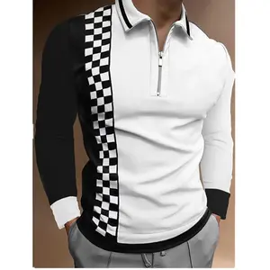 W83 Cross-Border 2022 Independent Station Spring and Summer New 3D Printed Long Sleeve Plaid Polo Shirt Zipper Men's T-shirt