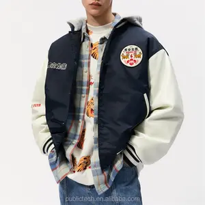 Custom men patch chenille embroidery silk satin bomber letterman jacket with hood