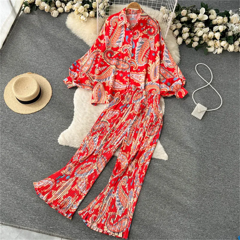 Two piece suit Women's French retro printing loose long sleeve+high waist straight casual pants dress suit women