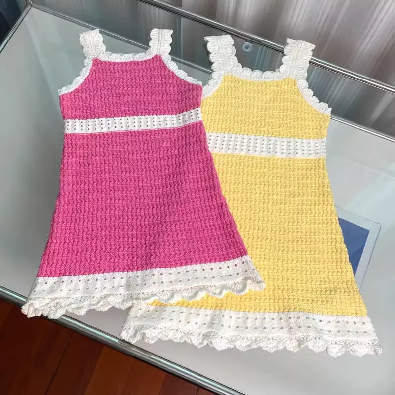 Produsen pakaian rajut tanpa lengan musim panas dan musim semi kustom baru modis warna polos anak perempuan gaun rajutan Sweater