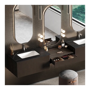 Diseño personalizado <span class=keywords><strong>baño</strong></span> <span class=keywords><strong>lavabo</strong></span> <span class=keywords><strong>muebles</strong></span> espejo estriado Panel doble fregadero <span class=keywords><strong>baño</strong></span> gabinete nogal <span class=keywords><strong>con</strong></span> estantes - Product Image 3
