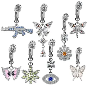 Personality No Hole Navel Ring Maple Eyes Butterfly Dragonfly Flower Navel Ring Delicate Zircon Belly Button Ring for Women