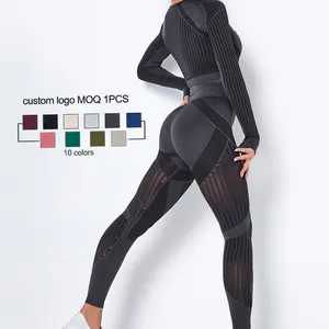 OEM Hollow Out sexy Nahtlose Sport Fitness Yoga Wear Gym Outfit Active wear Mesh Langarm Yoga Hose Leggings Frauen 2-teiliges Set