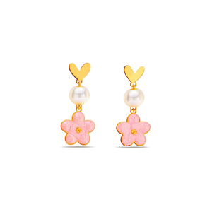 Fashion Drop Earrings Pink <b>Flower</b> Pearl Bead Gold Plated Stainless Steel Sustainable Resistant Jewelry - Product Image 2