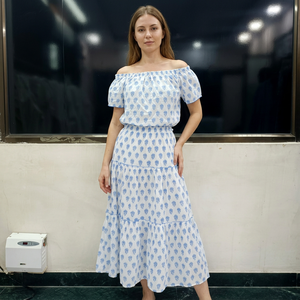 Robe mi-longue à imprimé floral aux épaules, manches bouffantes, asymétrique, décontractée, d'été, respirante, en coton tissé, naturelle et écologique - Product Image 2