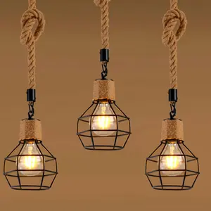 Retro Hemp Rope Pendant Light E27 Decorative Iron Cage Lamp Fixtures