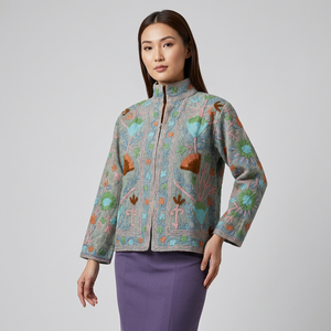 Nouvelle Couette Courte d'Hiver pour Femme, Faite à la Main en Inde, Broderie Suzani, Respirante, Matelassée, Tricotée, en Tissu de Coton Tissé à Rayures Boutonnées - Product Image 1