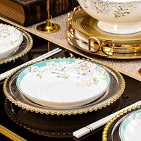 Service de Table de Luxe en Porcelaine Fine avec Bordure Vert Teal, Motif Floral et Oiseaux, Soupière Cygne, Design Moderne pour Mariage et Usage Domestique (pour 10+ personnes)