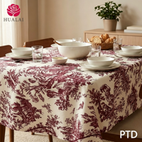 Nappe ronde en polyester et lin imprimé damassé noir et blanc HuaLai pour la décoration de la maison, des banquets et des fêtes, résistante aux plis, vente en gros