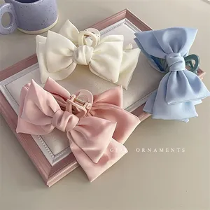 Fashion Sweet Fabric Women Hair Clips Big Size Hair Bow Claw Clips Solid Color Fabric Bowknot Hair Grasp Shark Clip For Women