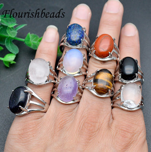 Bagues ouvertes en cuivre avec cabochons ovales en <span class=keywords><strong>cristal</strong></span> naturel (Lapis Lazuli, Œil de Tigre, Améthyste, Onyx) pour la fabrication de bijoux pour femmes - Product Image 3